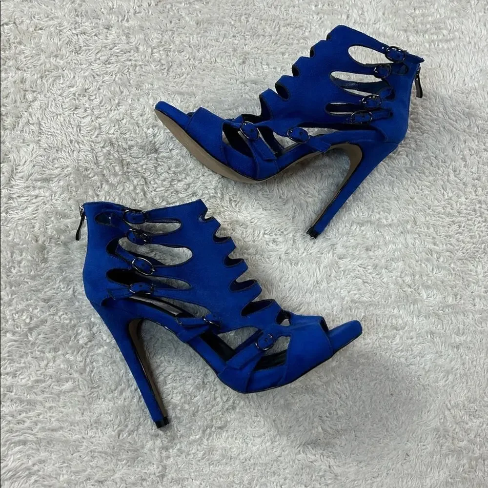 Chelsea and ZOe blue‎ suede peep toe stiletto cage heels, size 8
